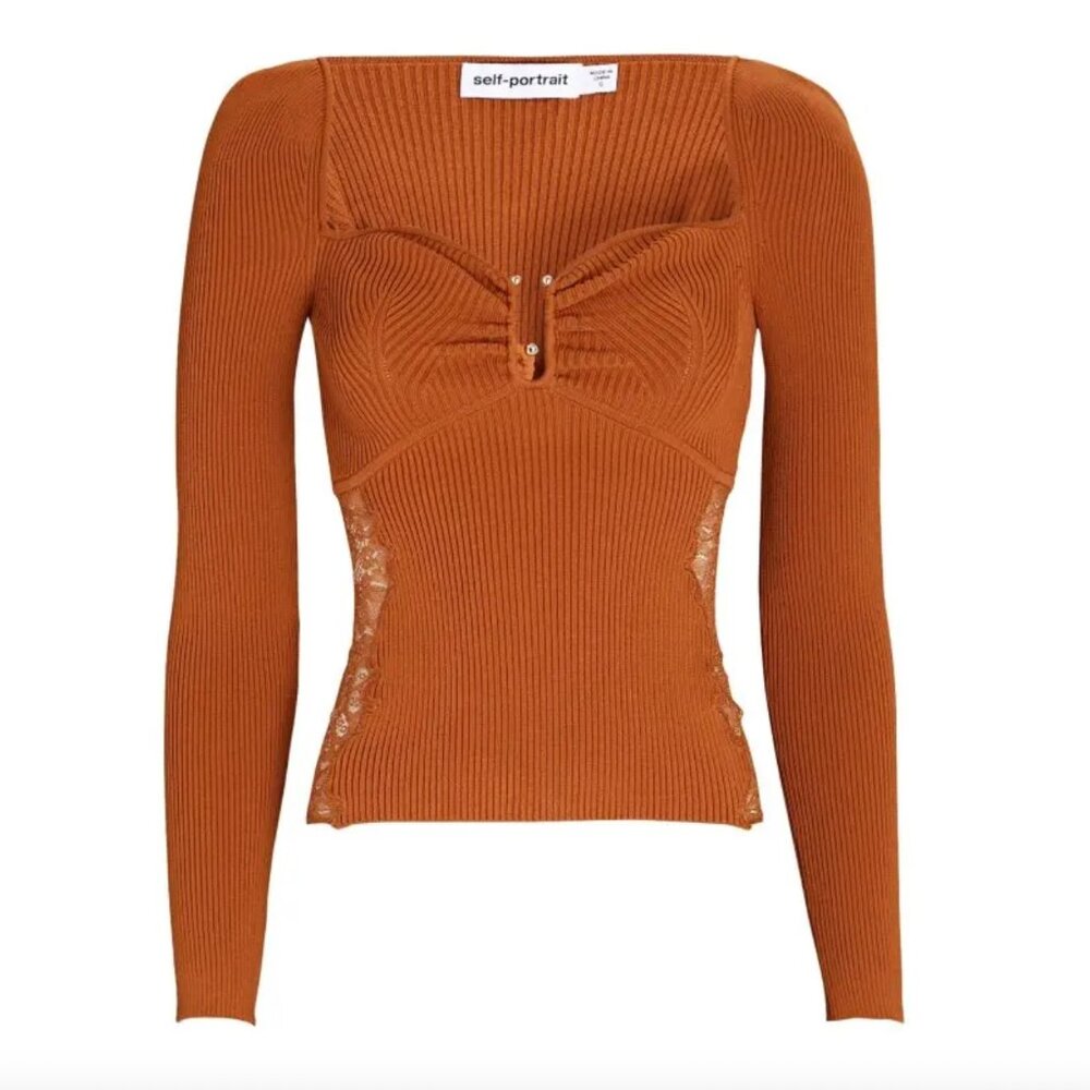 Self-Portrait Lace-Trimmed Rib Knit Top in Cinnamon